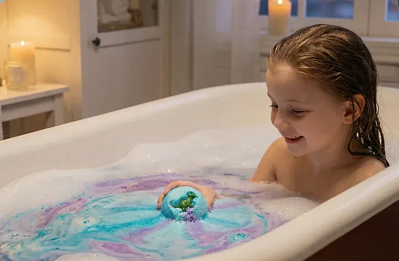 A bath bomb fizzing in warm bath water
