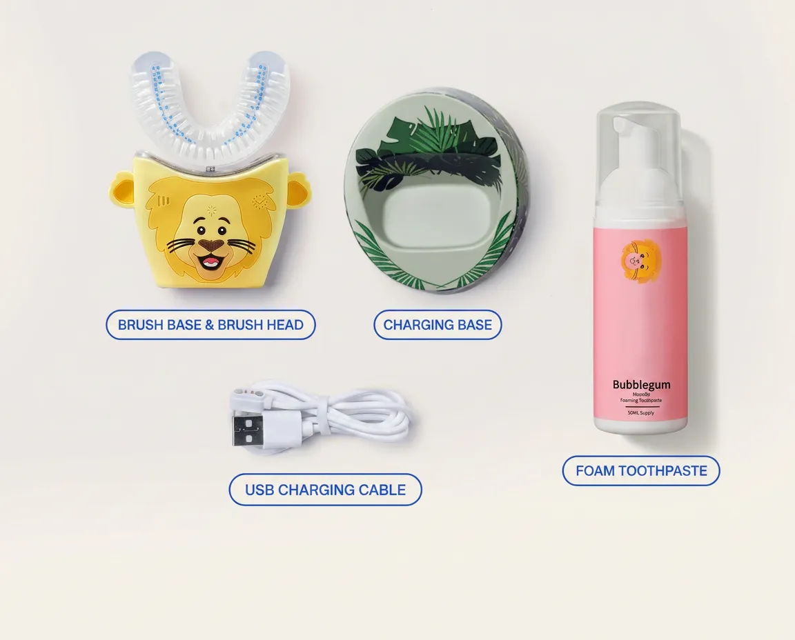 Everything in the SmileWave Kids bundle: brush, U-shaped head, Bubblegum Foam Toothpaste, charging base, cable, chart and stickers